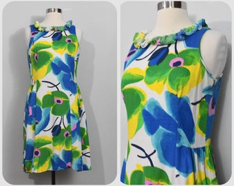 60s White/Blue/Green/Yellow/Orange Mod Floral Print Dress