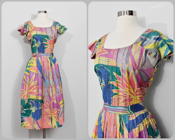 80s Tropical Print Cotton Dress by Expedition: Ind