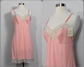 Vanity Fair Coral Pink Slip NOS with Cream Lace