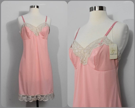 Vanity Fair Coral Pink Slip NOS with Cream Lace - image 1