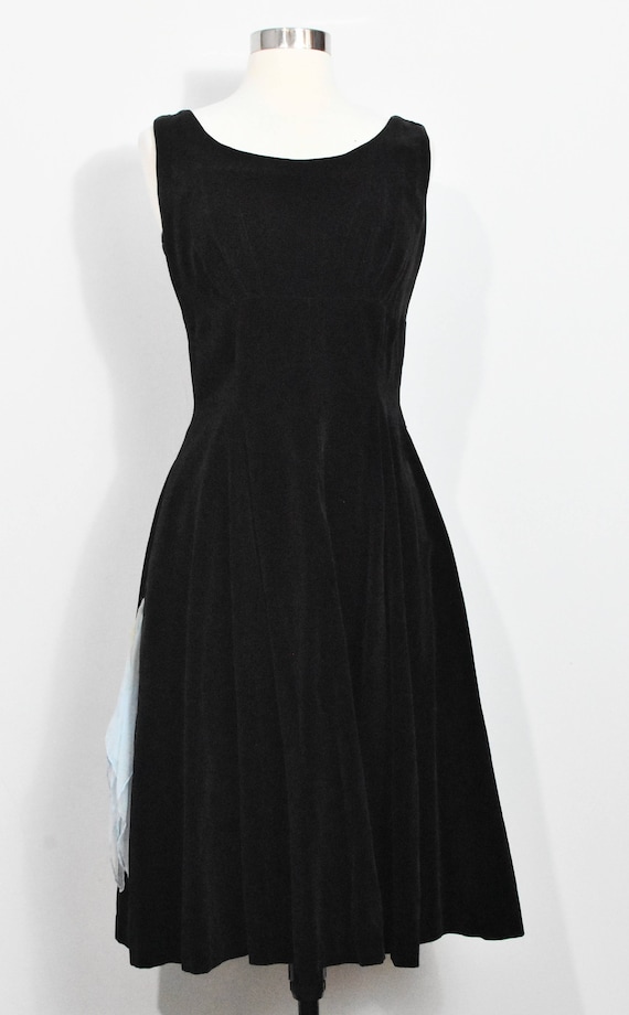 Black Velvet 50s Dress with Blue Sash and Pockets - image 2