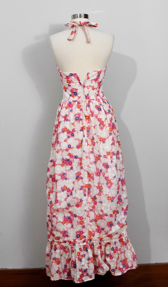 60s Pink and Cream Floral Boho Halter Maxi Dress - image 5