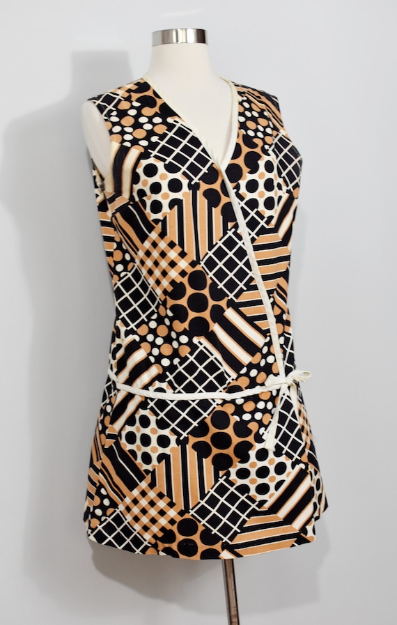 60s Brown/Tan/Orange Dots and Stripes Zip Up Romp… - image 7