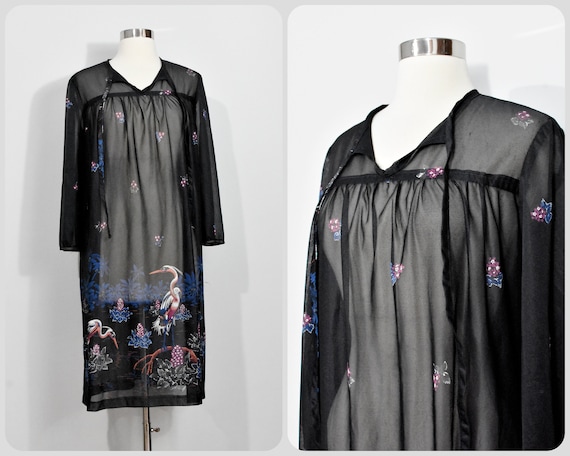 Grissom Lane Black Crane Tropical Print House Dres