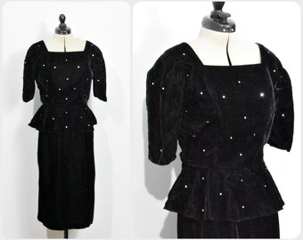 Positive Influence Black Velvet Peplum Rhinestone Dress