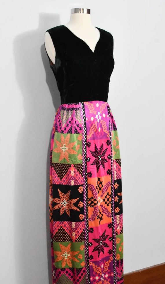 60s/70s Green Rayon Velvet/Psychedelic Mod Maxi D… - image 6