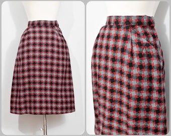 Red/Black/Gray "Houndstooth" Print Wool Skirt