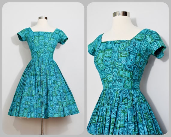 Teal/Green 50s Dress with Geometric Print