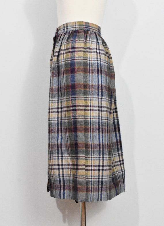 70s Plaid Purple/Blue/Taupe Plaid Button Up Skirt - image 3