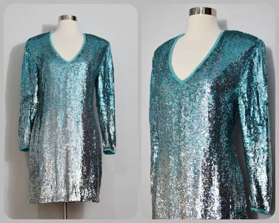 Naeem Khan Teal Ombre Sequined Dress 