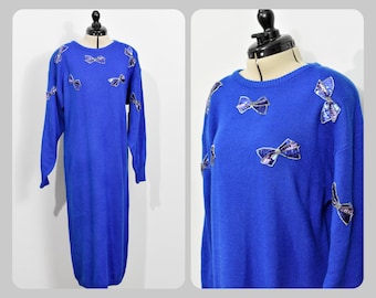 Just-Mort 80s Blue Bow Sequined Sweater Dress