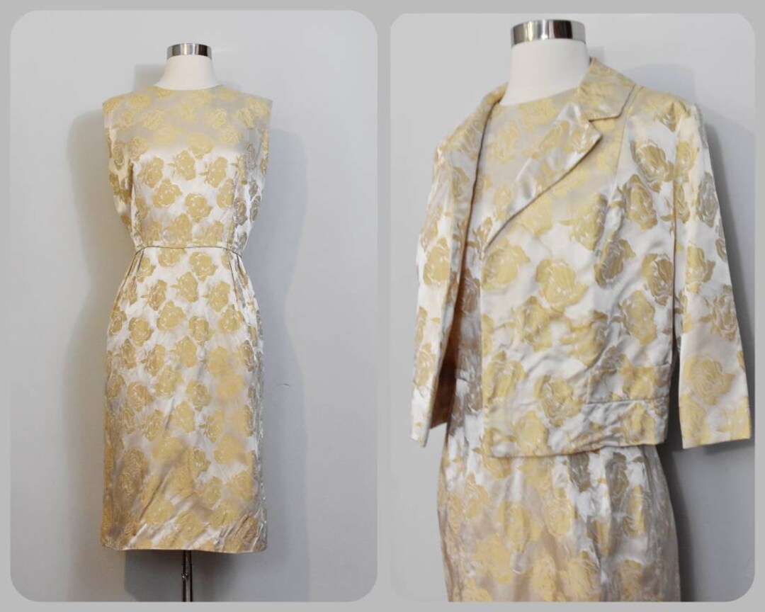 Gold Jacquard 50s Rose Print Wiggle Dress and Jacket - Etsy