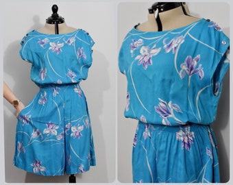 Royal Palm Hawaii Blue Floral 80s Romper