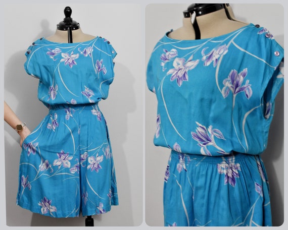 Royal Palm Hawaii Blue Floral 80s Romper - image 1