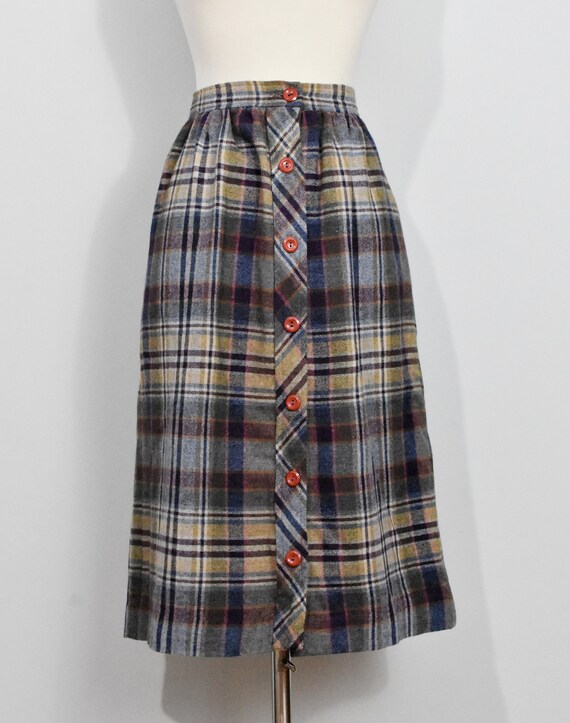 70s Plaid Purple/Blue/Taupe Plaid Button Up Skirt - image 2