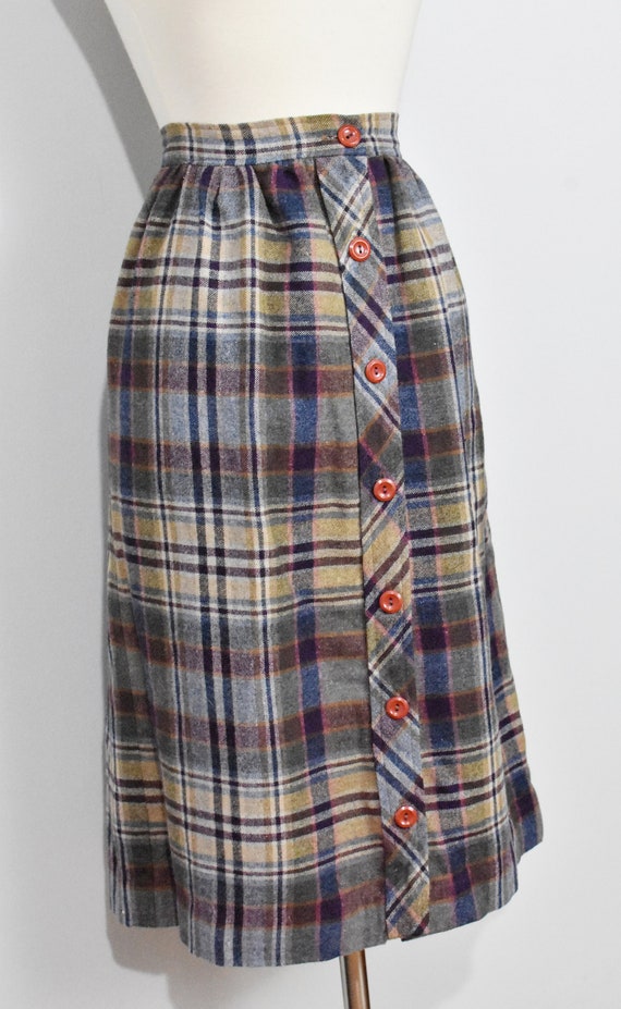 70s Plaid Purple/Blue/Taupe Plaid Button Up Skirt - image 6