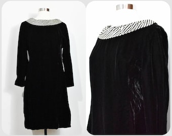 Black Rayon Velvet Shift Dress with Striped Collar