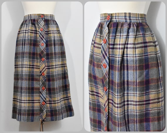 70s Plaid Purple/Blue/Taupe Plaid Button Up Skirt - image 1