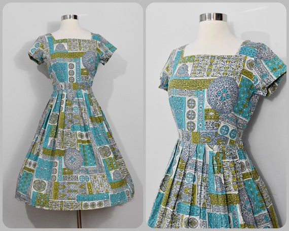 50s Teal/Chartreuse Day Dress