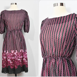 70s Magenta/Black Striped Dress with Floral Hem