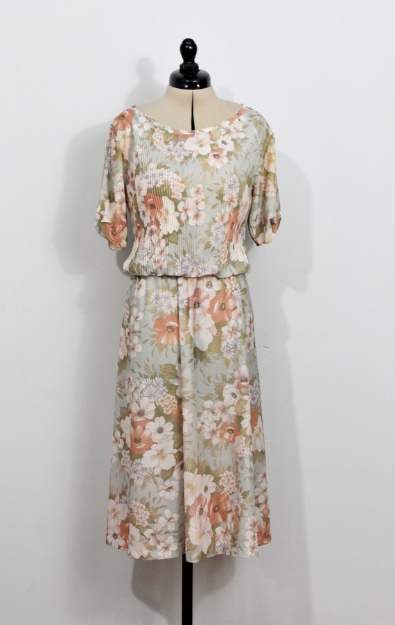 70s Green/Peach Muted Floral Chiffon Dress - image 3