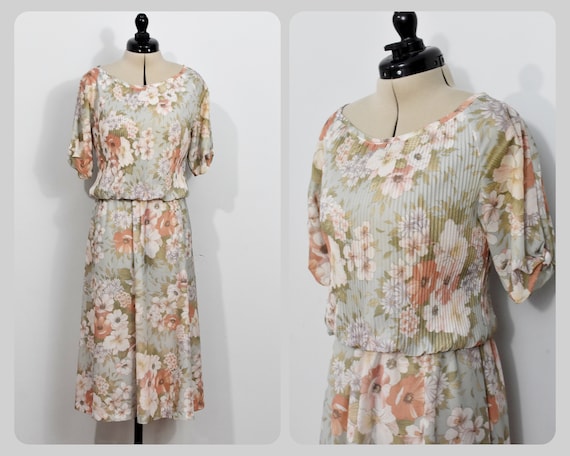 70s Green/Peach Muted Floral Chiffon Dress - image 1