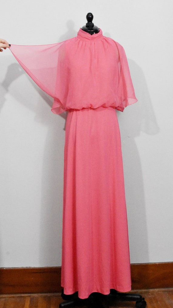 Hot Pink 70s Maxi Dress with attached capelet - image 3