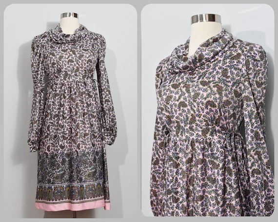 Pink Paisley/Floral Long Sleeved Cowl Neck 70s Dre