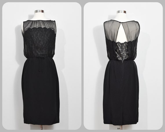50s/60s Black Illusion Neckline Wiggle Dress