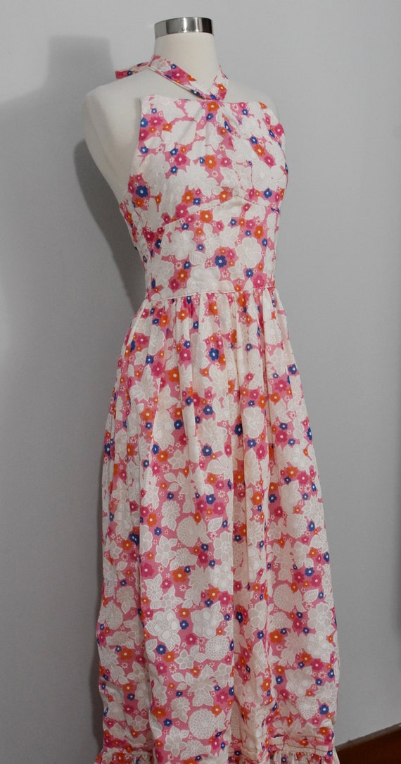60s Pink and Cream Floral Boho Halter Maxi Dress - image 3