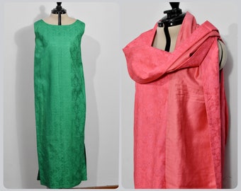 Robes longues vertes et roses des années 60 avec cache-cœur assorti