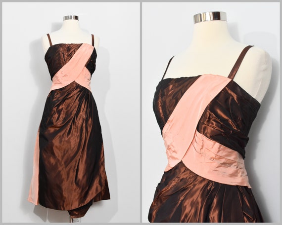 Brown/Peach Taffeta 50s/60s Dress - image 1