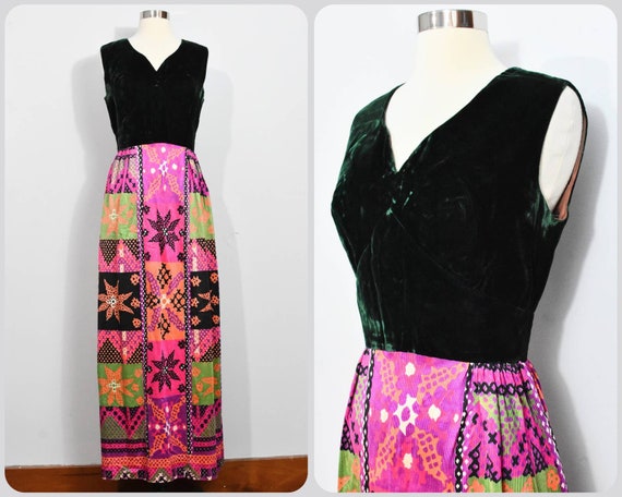 60s/70s Green Rayon Velvet/Psychedelic Mod Maxi D… - image 1