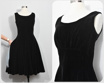 Black Velvet 50s Dress with Blue Sash and Pockets