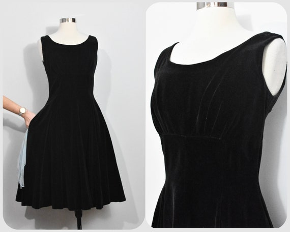 Black Velvet 50s Dress with Blue Sash and Pockets - image 1