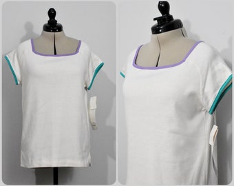Jantzen Sport 80s White Shirt with Purple/Aqua Piping
