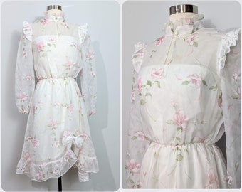 Romantic Illusion Neckline White Dress with Pink Flowers