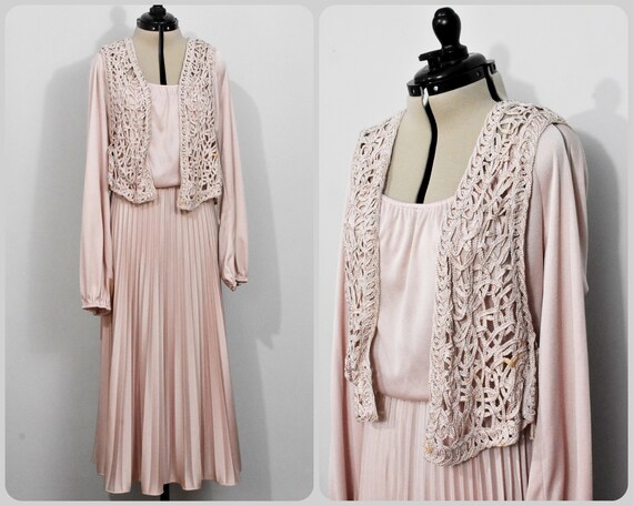 Jo-Ed Dusty Pink 70s Dress with Lace Vest - image 1