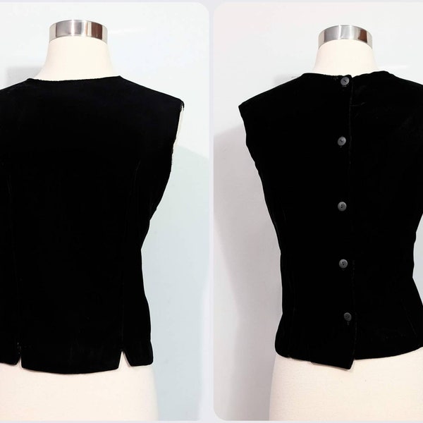 Black Rayon Velvet Button Up Back 50s Vest