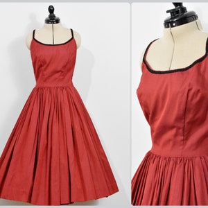 Red 1950s Spaghetti Strap Dress with Black Trim