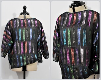 Teddi of California Sheer Black Blouse with Rainbow Metallic Print