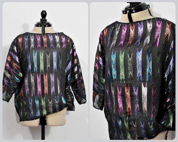 Teddi of California Sheer Black Blouse with Rainb… - image 1