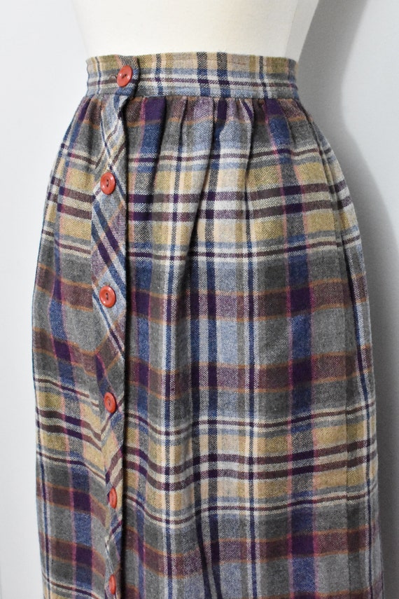 70s Plaid Purple/Blue/Taupe Plaid Button Up Skirt - image 5