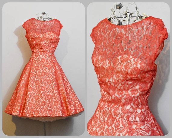 Red Lace Illusion 50s Party Dress with Full Circle