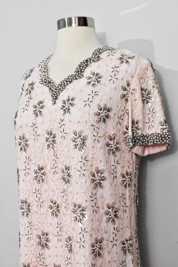 Andora Pink Lace Sequins & Beads 60s Dress - image 5