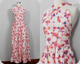 60s Pink and Cream Floral Boho Halter Maxi Dress