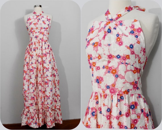 60s Pink and Cream Floral Boho Halter Maxi Dress - image 1