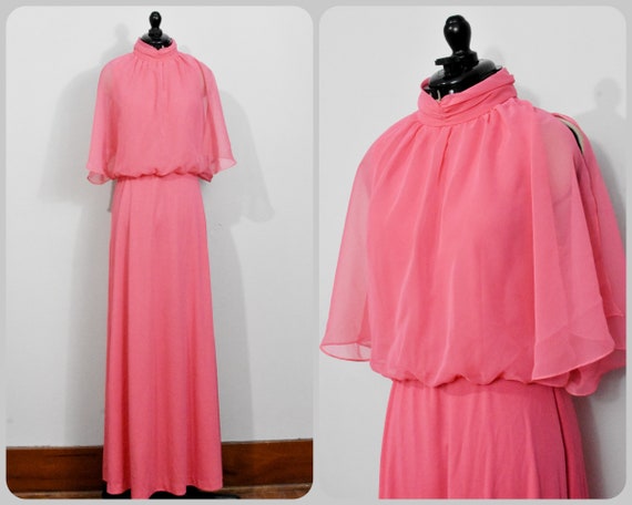 Hot Pink 70s Maxi Dress with attached capelet - image 1