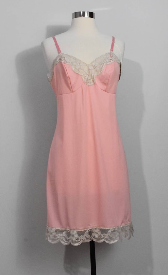 Vanity Fair Coral Pink Slip NOS with Cream Lace - image 2