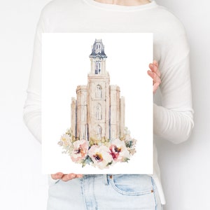 Manti Utah LDS Temple Painting Watercolor Floral Print
